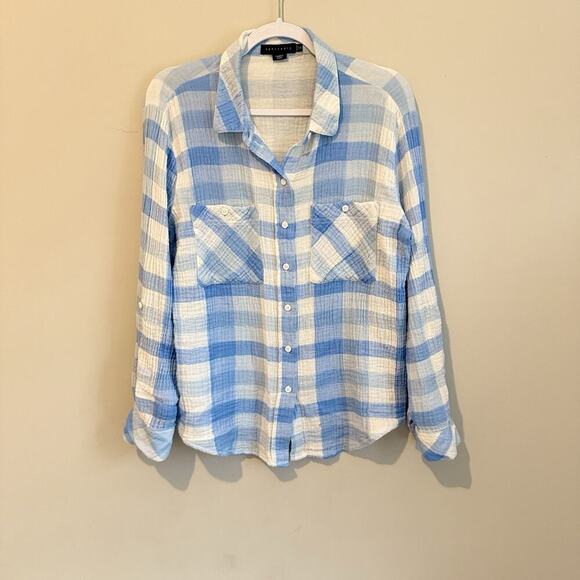 Sanctuary Women Blue White Soft Long Sleeve Plaid Tomboy Shirt Top Medium 1842 - Picture 4 of 10
